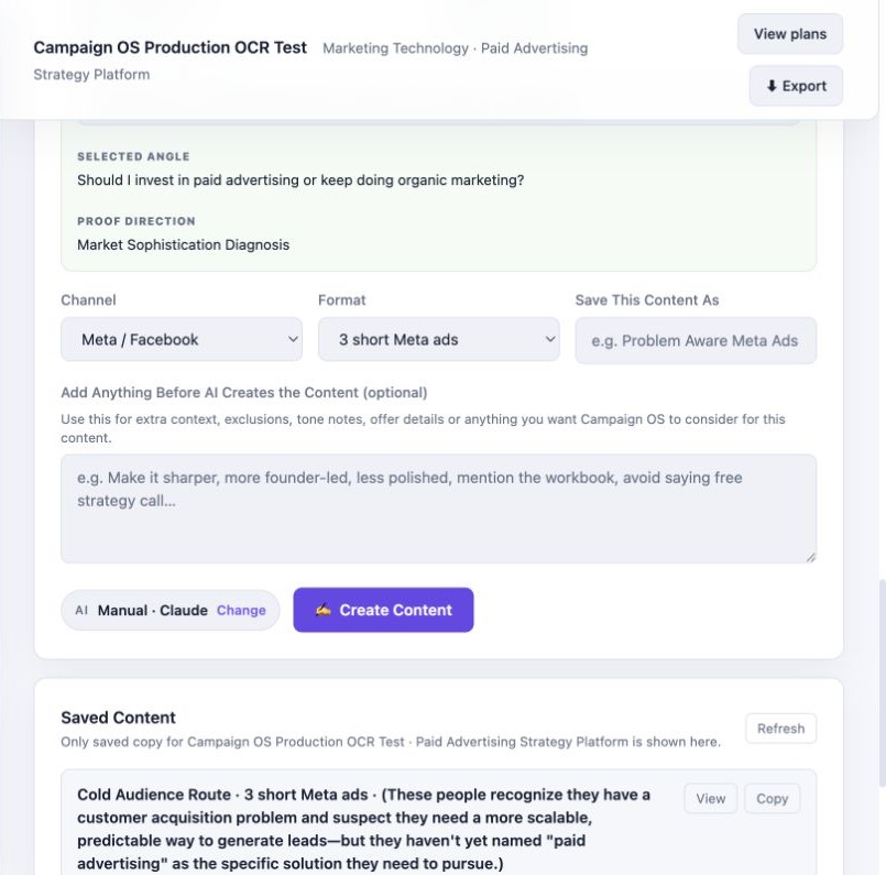 Campaign OS Marketing Content screen carrying a selected strategic angle into a channel and format